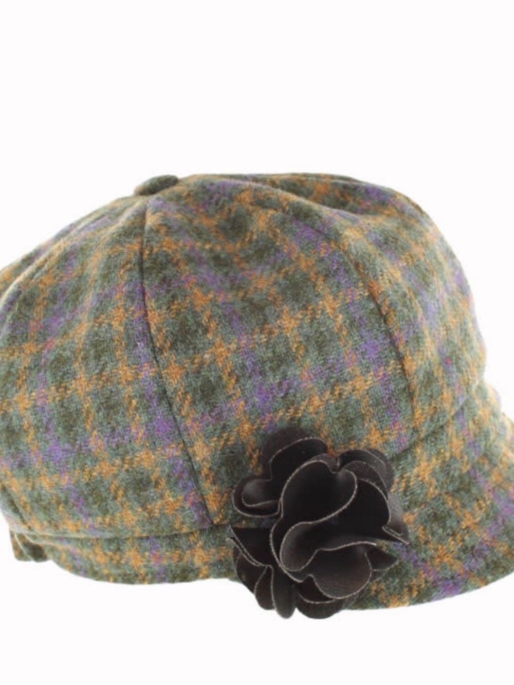 Women’s Green Plaid Newsboy Cap with Black Flower Accent